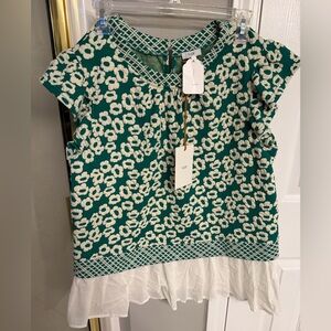 Merle Norman Green and Cream Floral Blouse